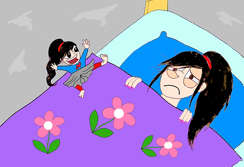 Sleepy child kept awake by chattering companion