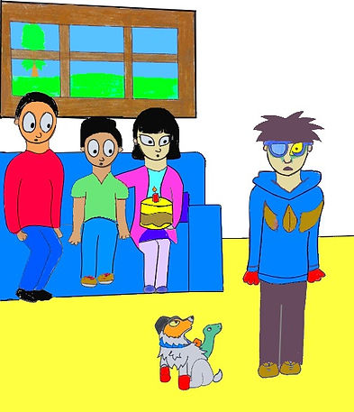 Mikey is shooting fins to his shocked family